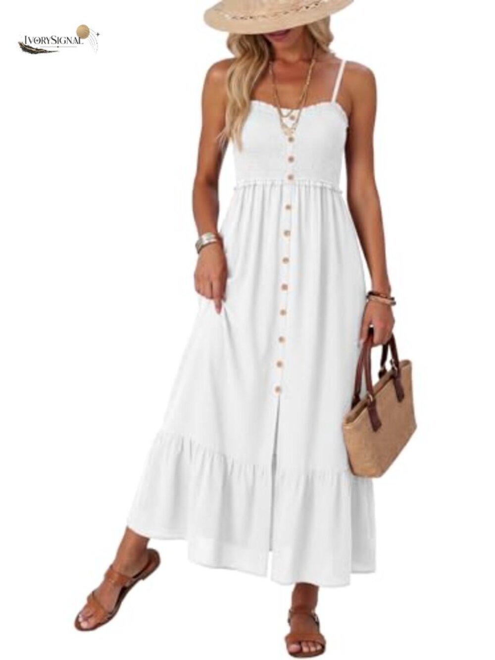 Sleeveless Smocked Button Down Maxi Dress with Pockets